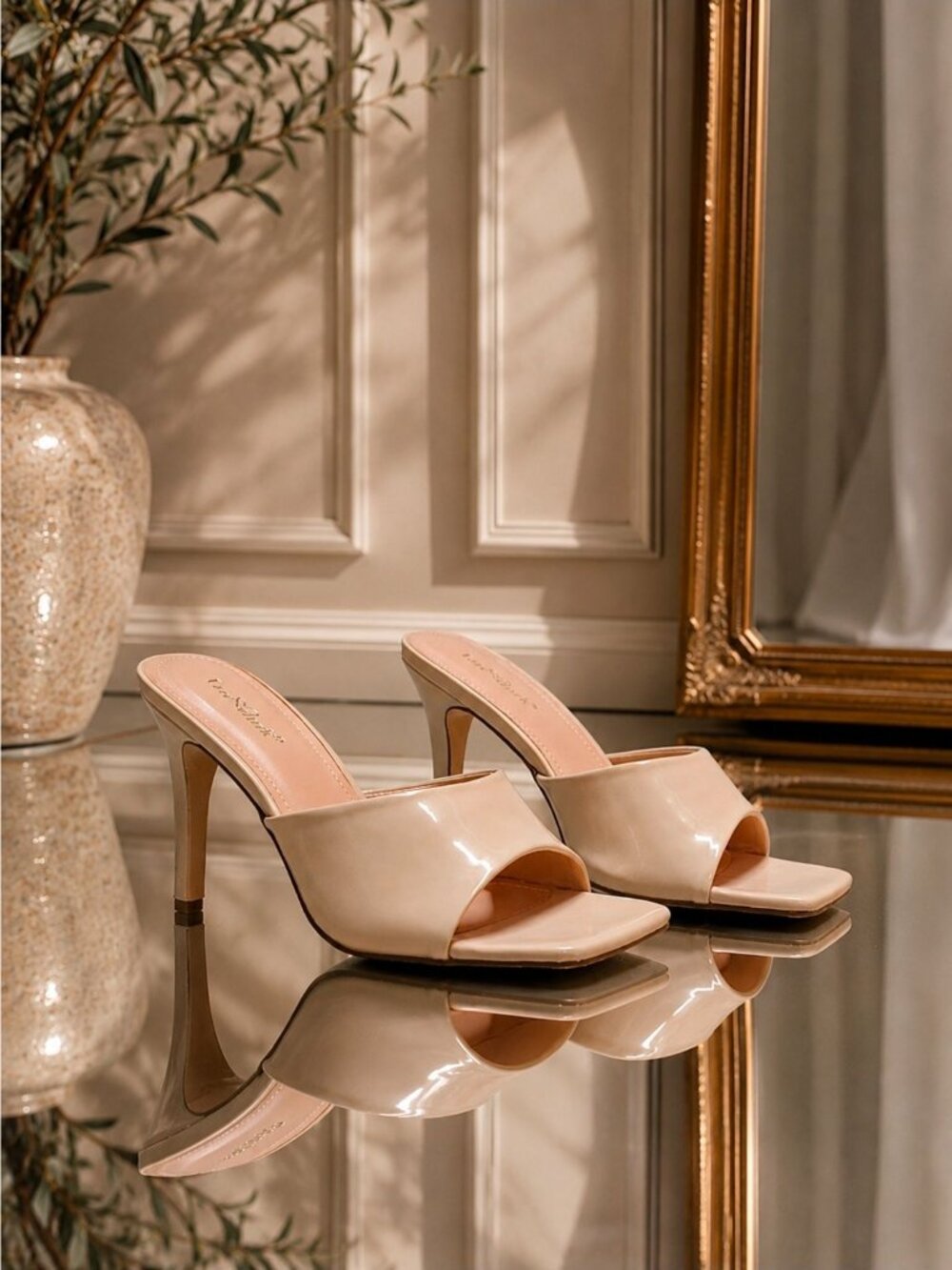 Nude Open-Toe Patent Leather High Heel Mules With Square Toe Design For Women